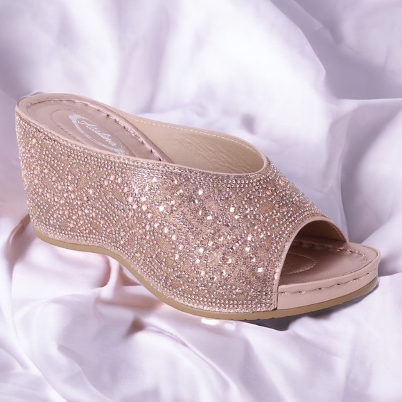 Italina Black Rhinestone Embellished Wedge Heeled Padded Slide Sandals - Picture 9 of 12